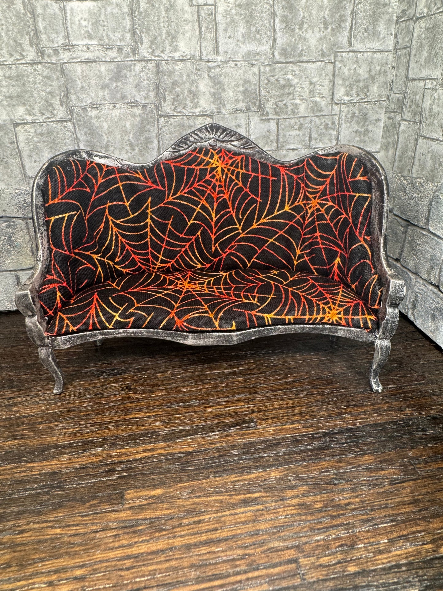 Gothic Spooky Orange Cobwebs Couch in Black - Dollhouse Miniature 1:12 Scale