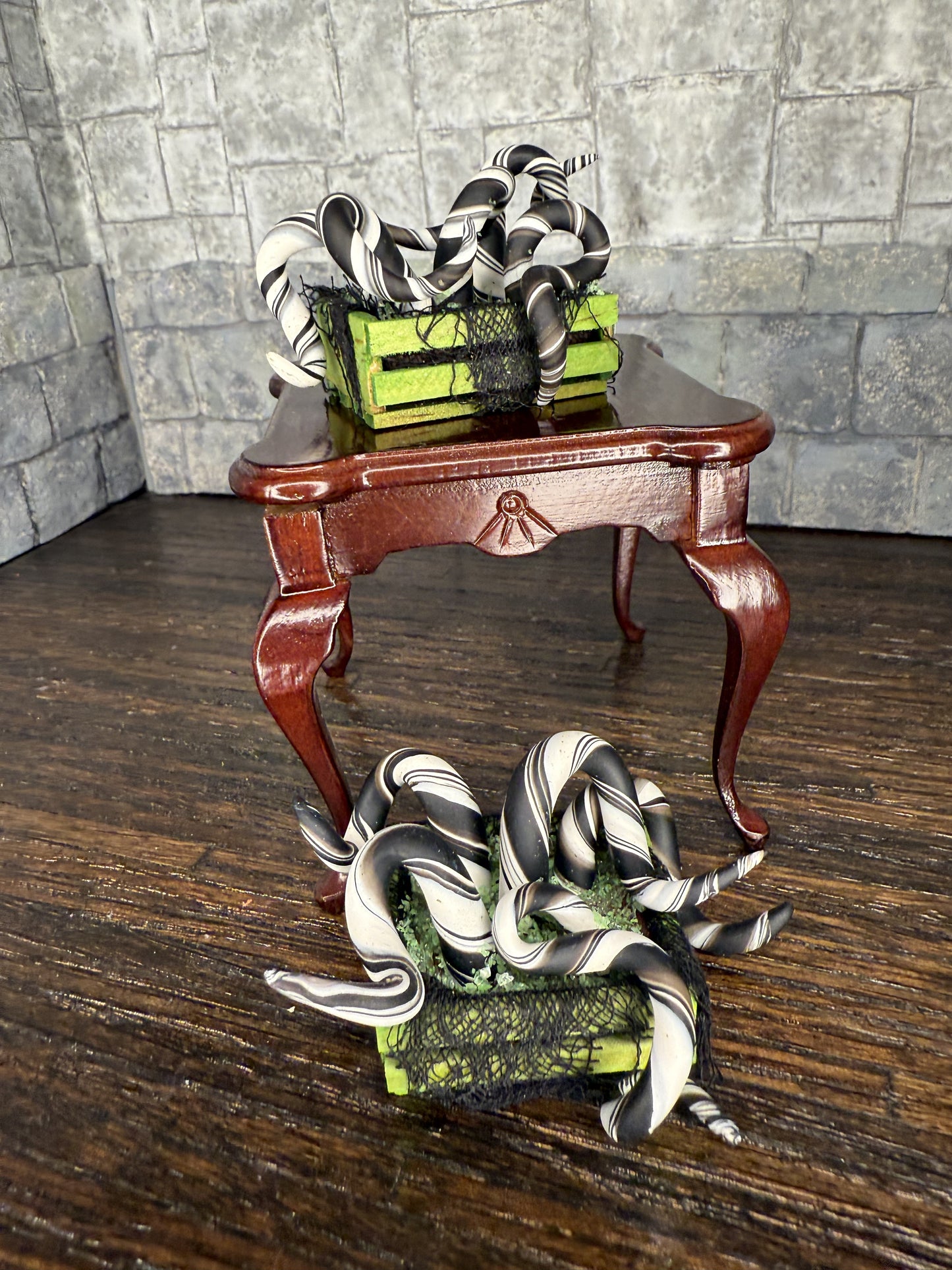 Beetlejuice inspired Black/White Plant in Green Crate - 1:12 scale