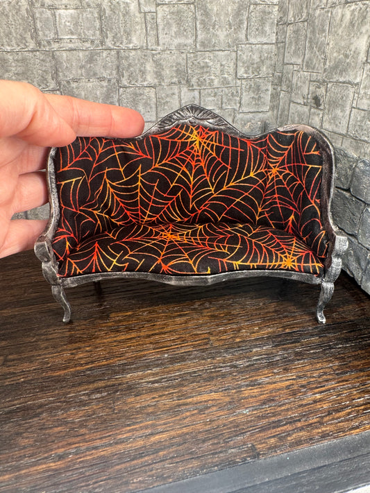 Gothic Spooky Orange Cobwebs Couch in Black - Dollhouse Miniature 1:12 Scale