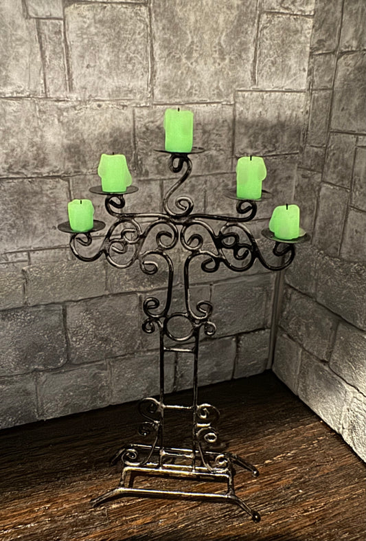 Glow-in-the-Dark Five Dripping Candle Silver Tarnished Candelabra