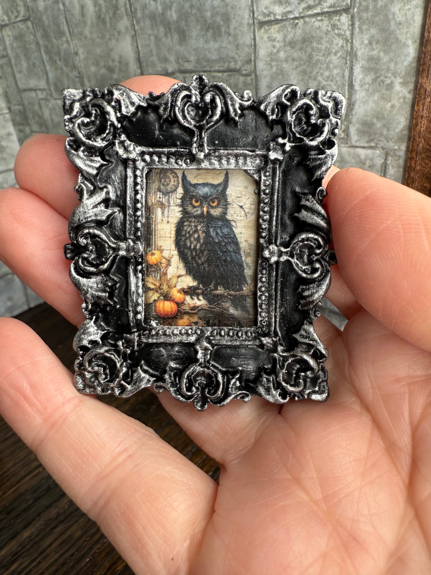 Black Owl on Branch Framed Printed Art - 1:12 Scale