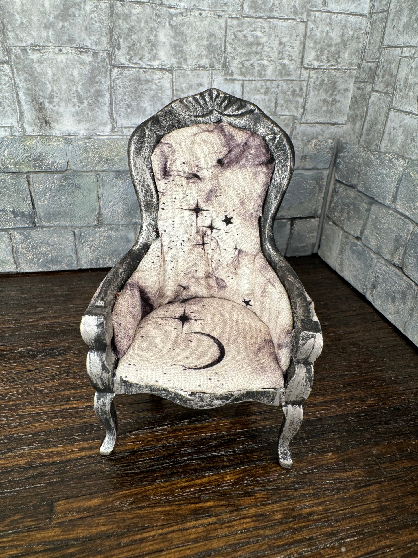 Mystic Smoke Swirls, Moon, and Stars Gentleman’s Chair in White, Gray, Black - Dollhouse Miniature 1:12 Scale