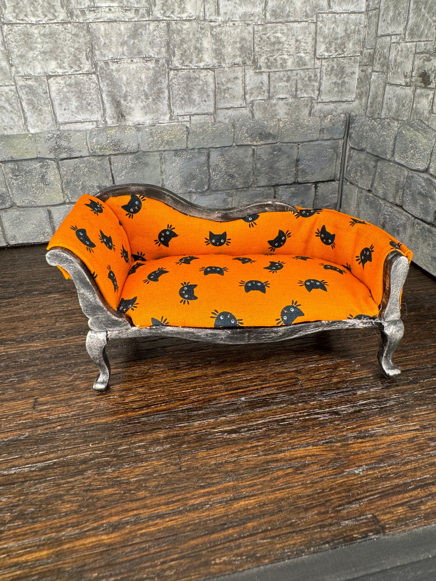 Vintage Black Cats on Orange Fainting Couch - 1:12 Scale