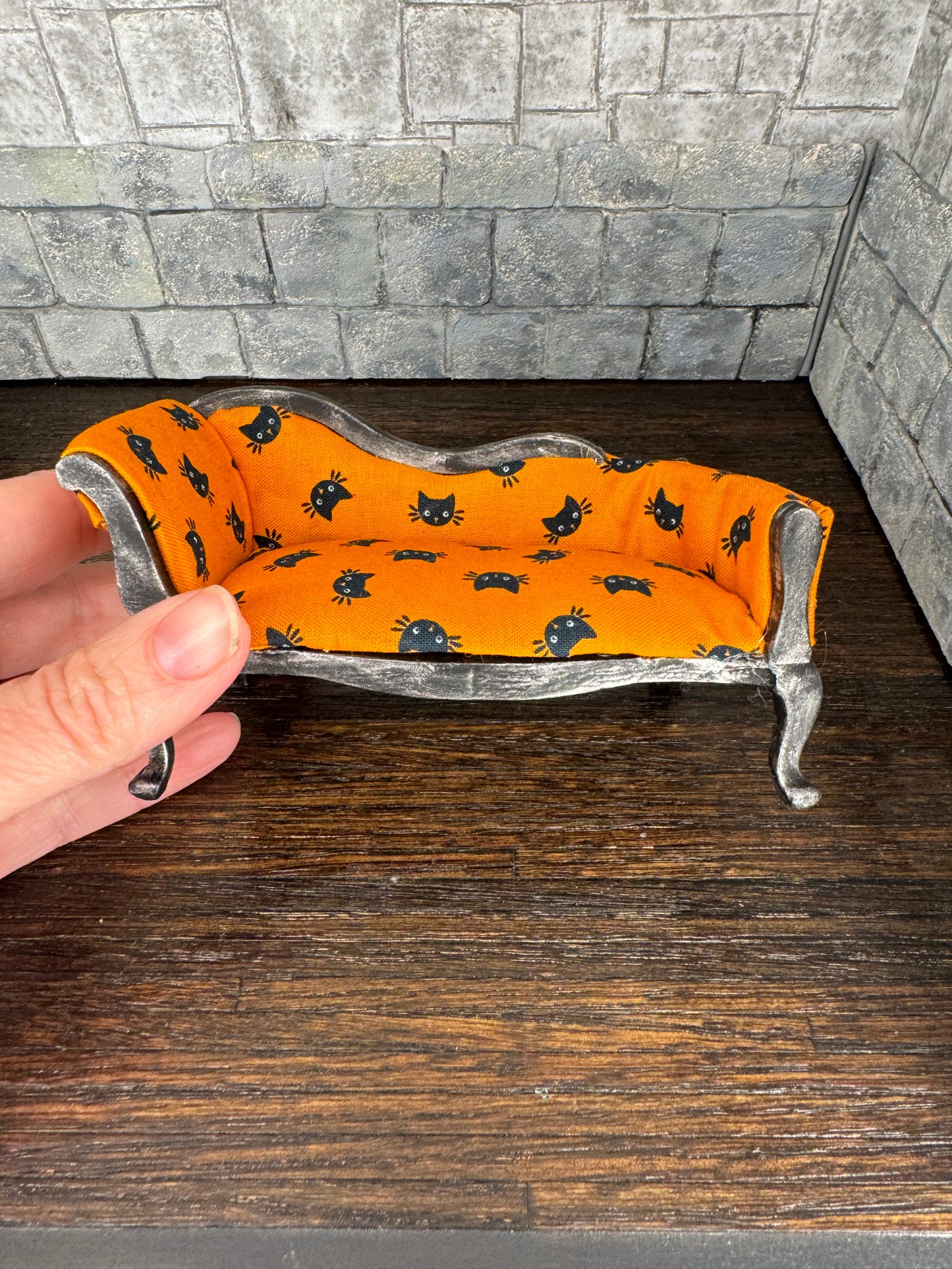 Vintage Black Cats on Orange Fainting Couch - 1:12 Scale