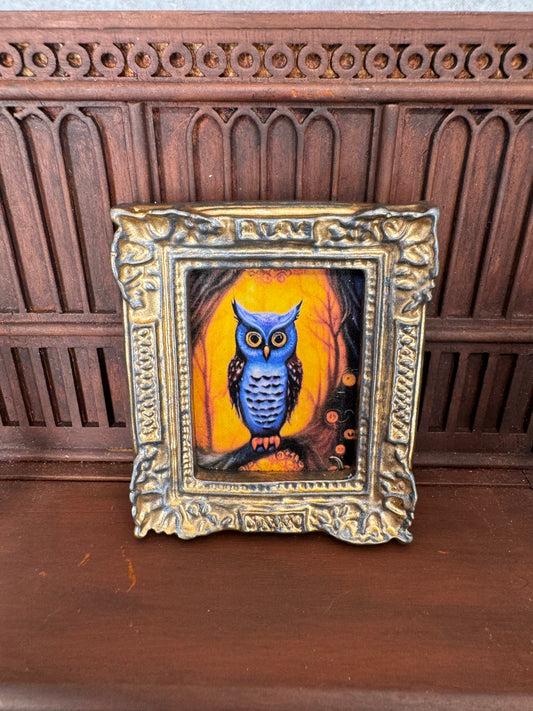 Blue Owl on Tree Branch Framed Printed Art - 1:12 Scale