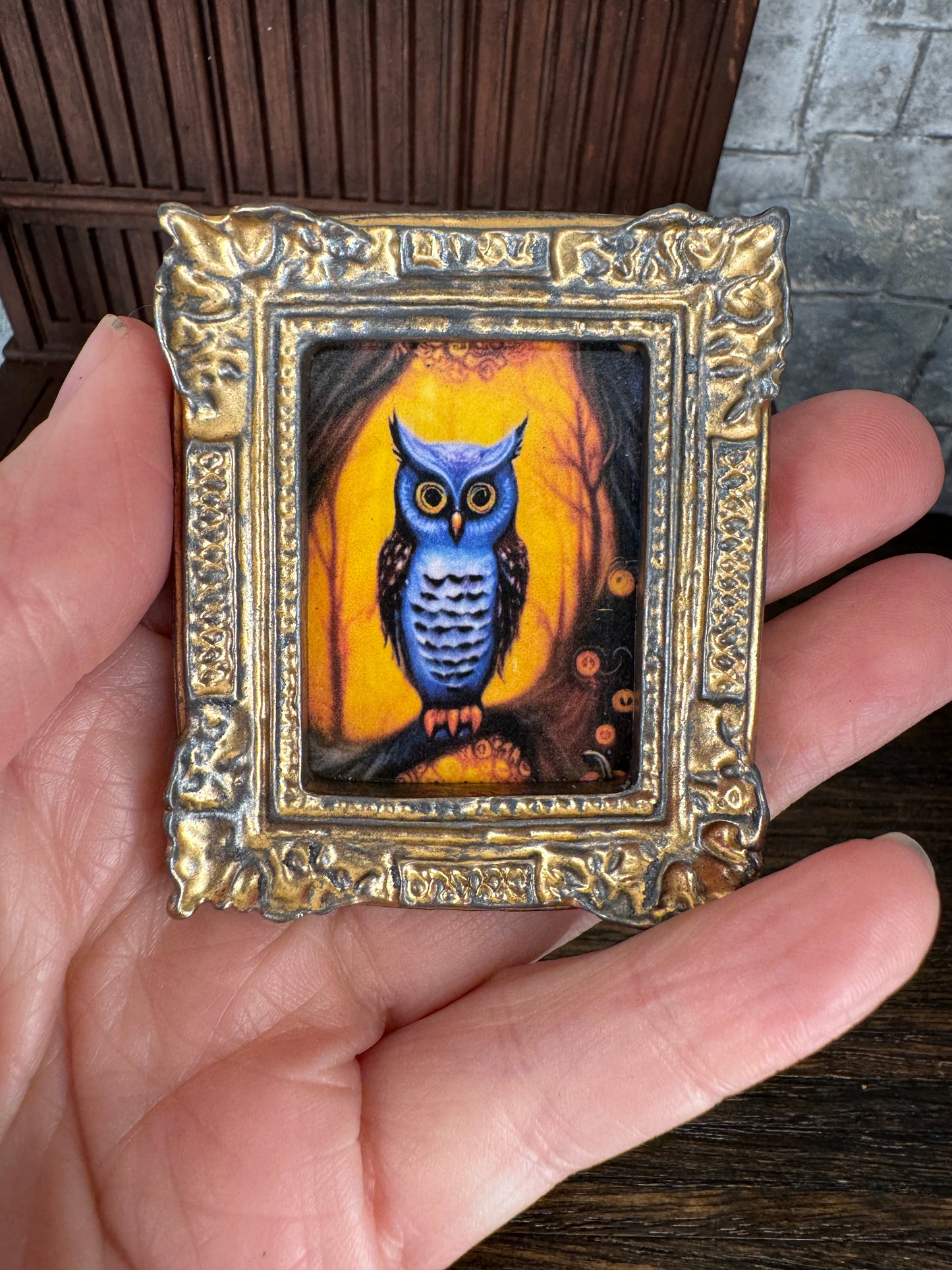 Blue Owl on Tree Branch Framed Printed Art - 1:12 Scale