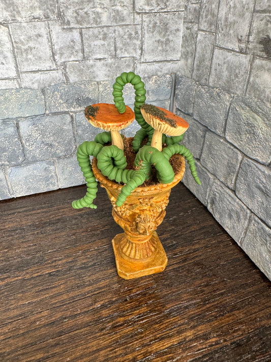 Two Mushrooms and Creepy Plant in a Large Decorative Urn - 1:12 Scale