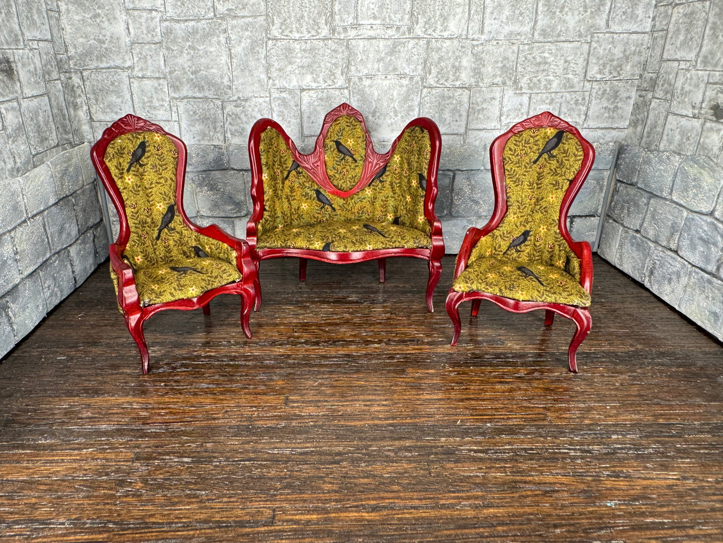 Edgar Allan Poe Inspired Green Raven 3-Piece Settee and two Chairs - 1:12 Scale