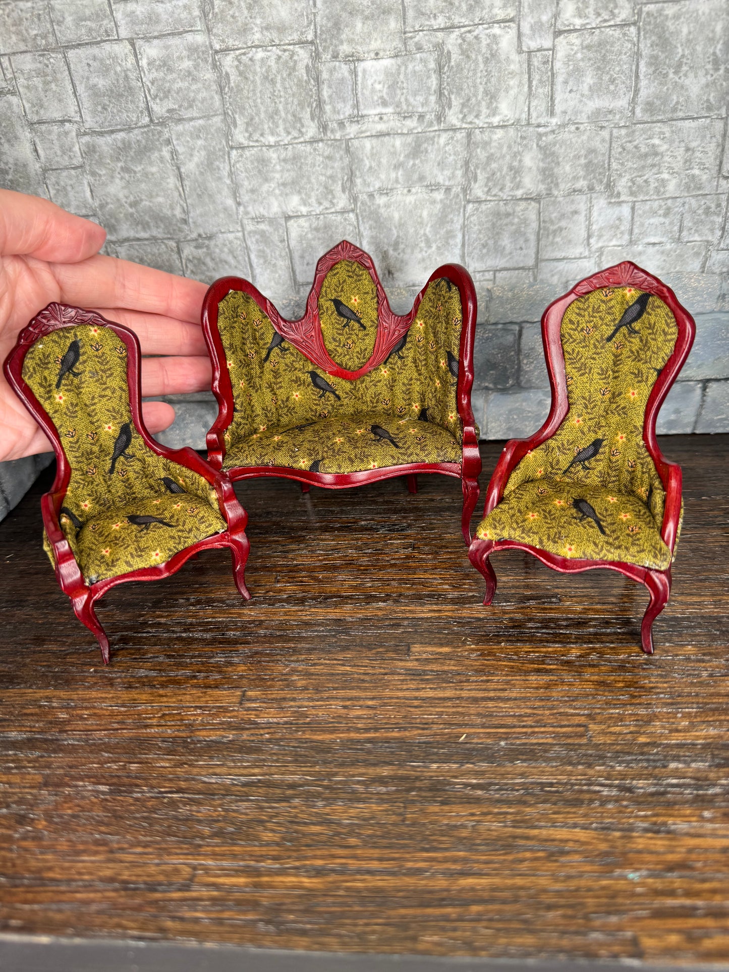 Edgar Allan Poe Inspired Green Raven 3-Piece Settee and two Chairs - 1:12 Scale