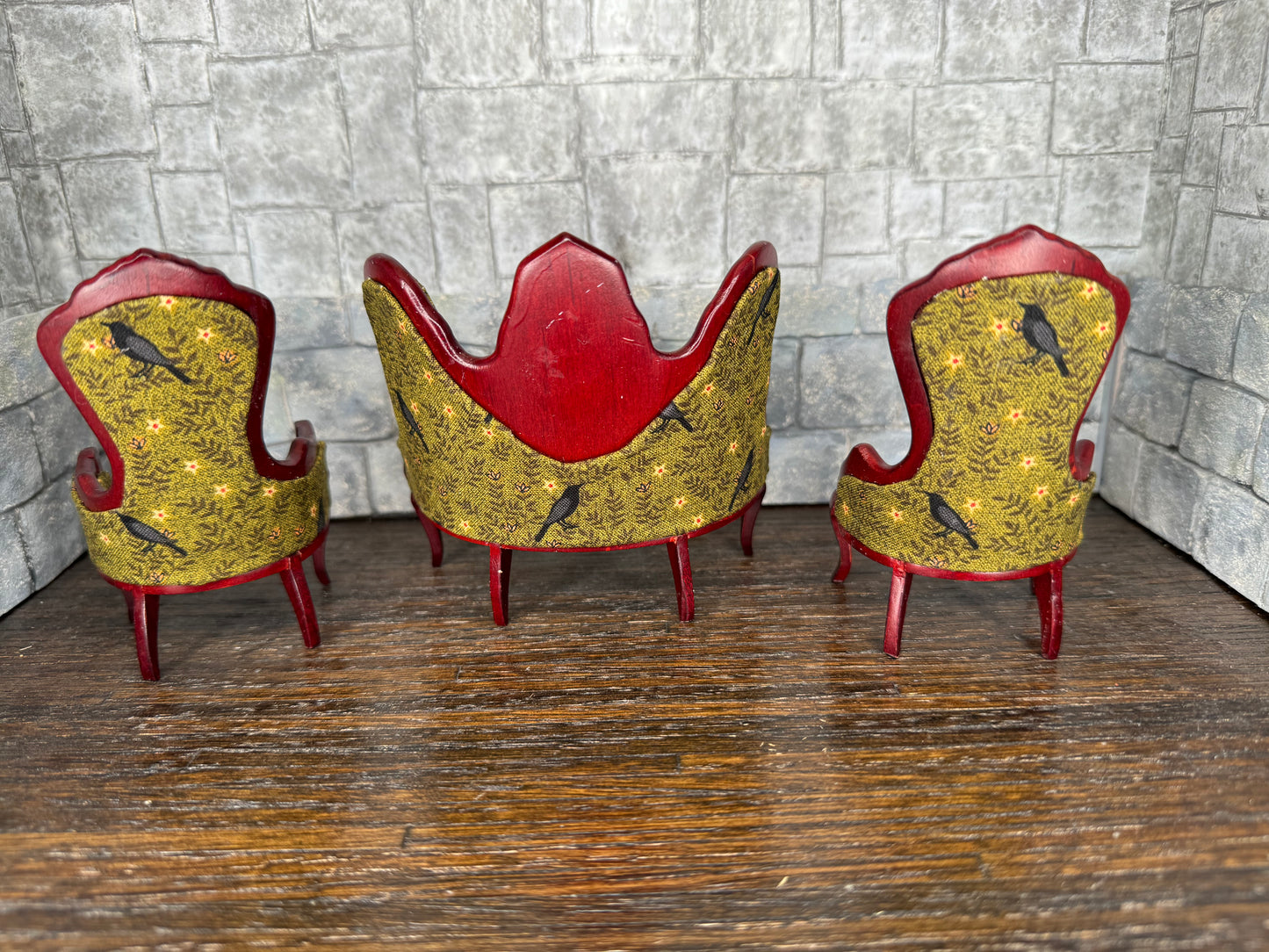 Edgar Allan Poe Inspired Green Raven 3-Piece Settee and two Chairs - 1:12 Scale