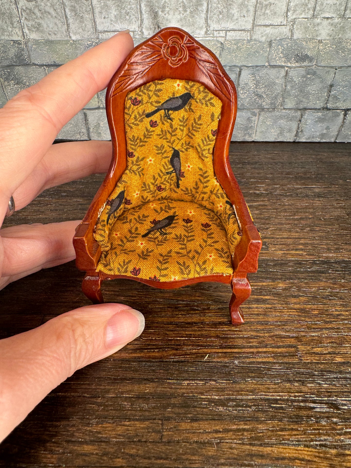 Edgar Allan Poe Inspired Yellow Raven Gentleman’s Chair - Dollhouse Miniature 1:12 Scale