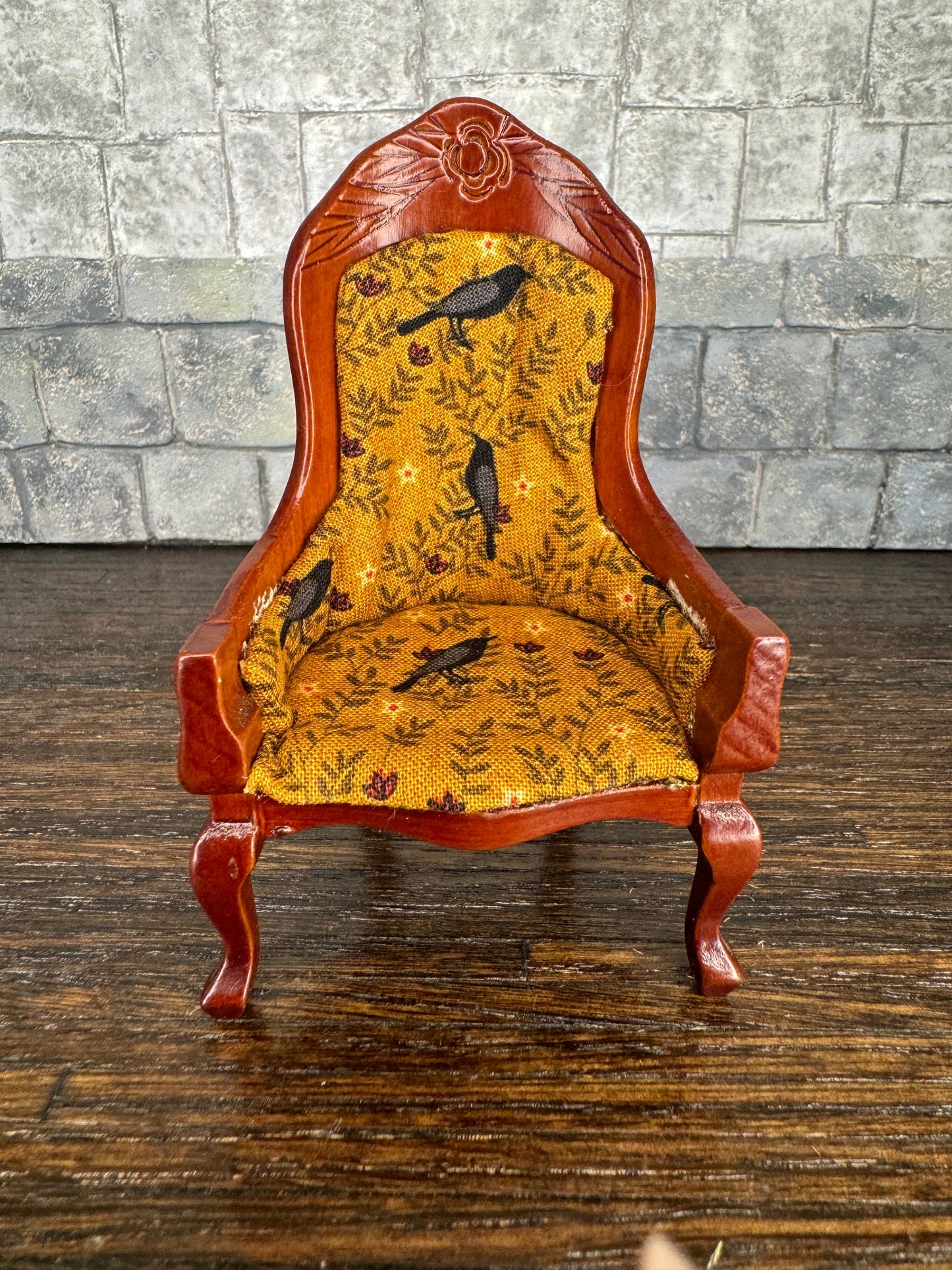 Edgar Allan Poe Inspired Yellow Raven Gentleman’s Chair - Dollhouse Miniature 1:12 Scale