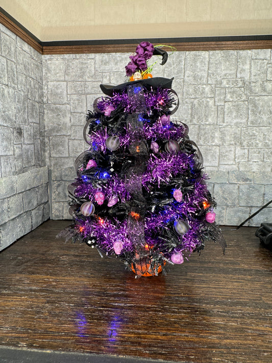 Halloween Christmas Tree in Purple with Witch Hat Topper - 1:12 Scale Dollhouse Miniature