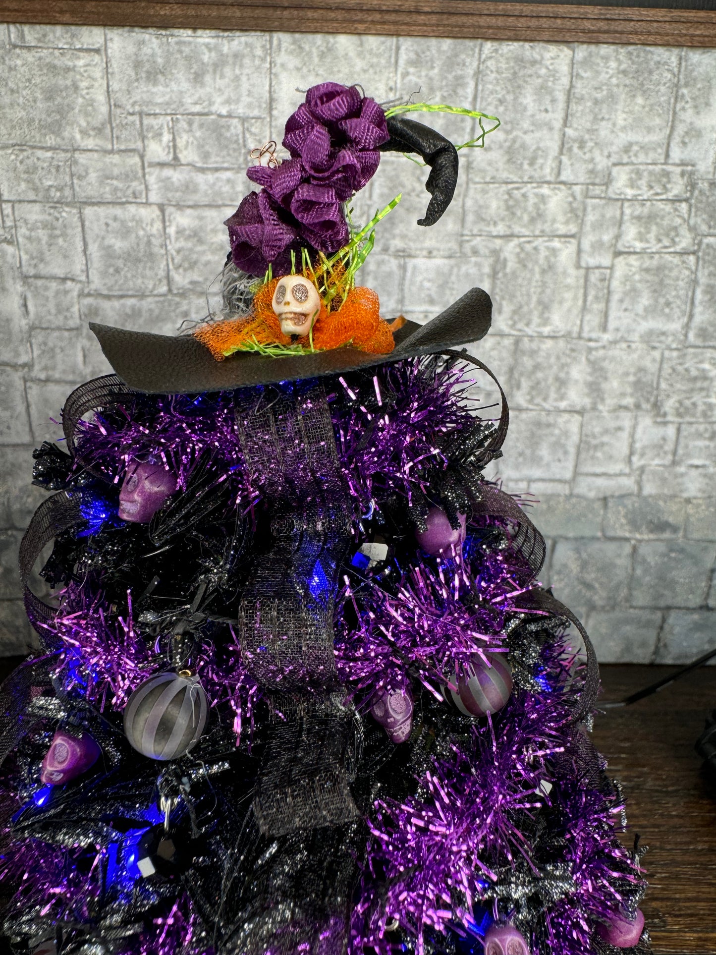 Halloween Christmas Tree in Purple with Witch Hat Topper - 1:12 Scale Dollhouse Miniature